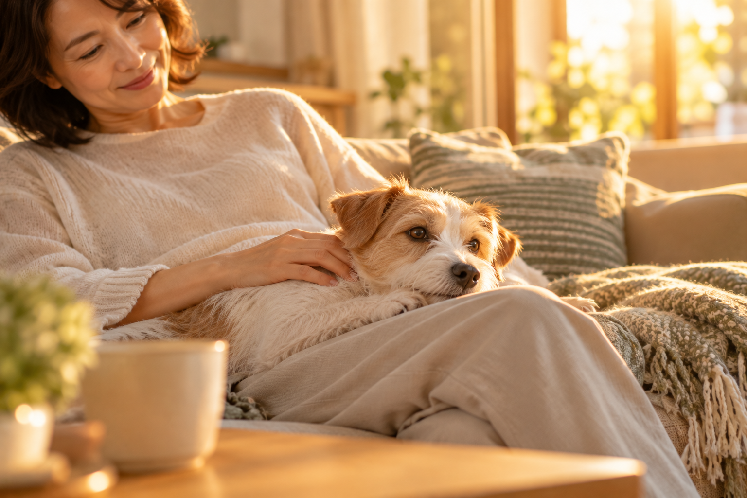 夕方のリビングのソファで、飼い主の脚に寄り添って穏やかに過ごす犬