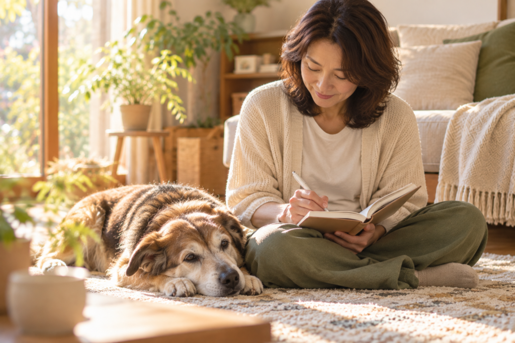 床に座ってノートにメモをとる飼い主と、そばで寝そべるシニアのミックス犬