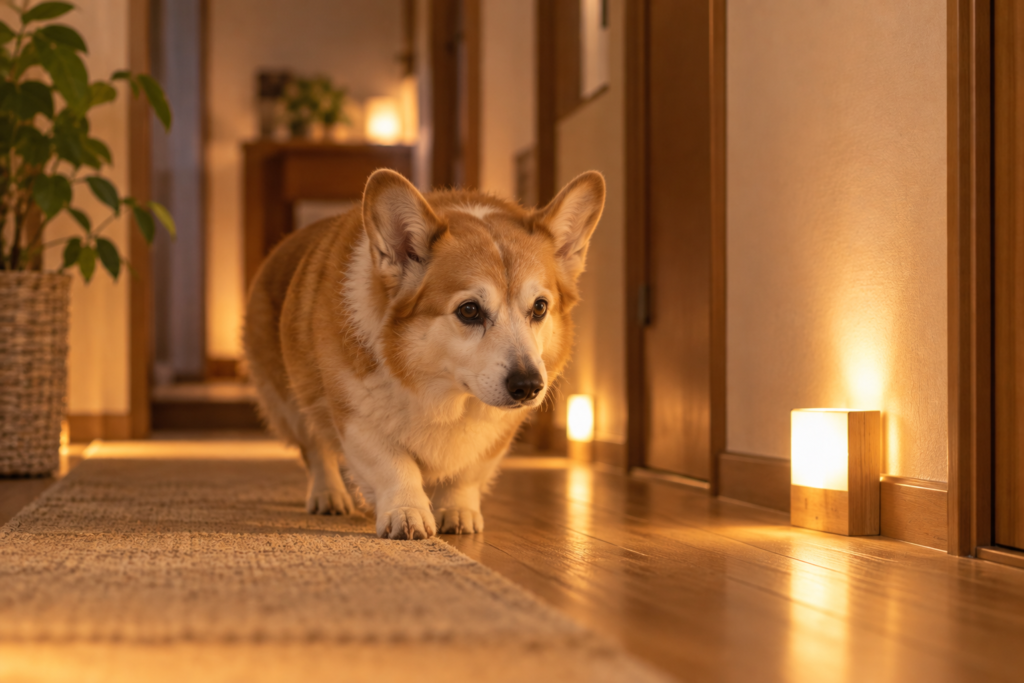 足元灯がともる夜の廊下を、落ち着いて歩くシニアのコーギー
