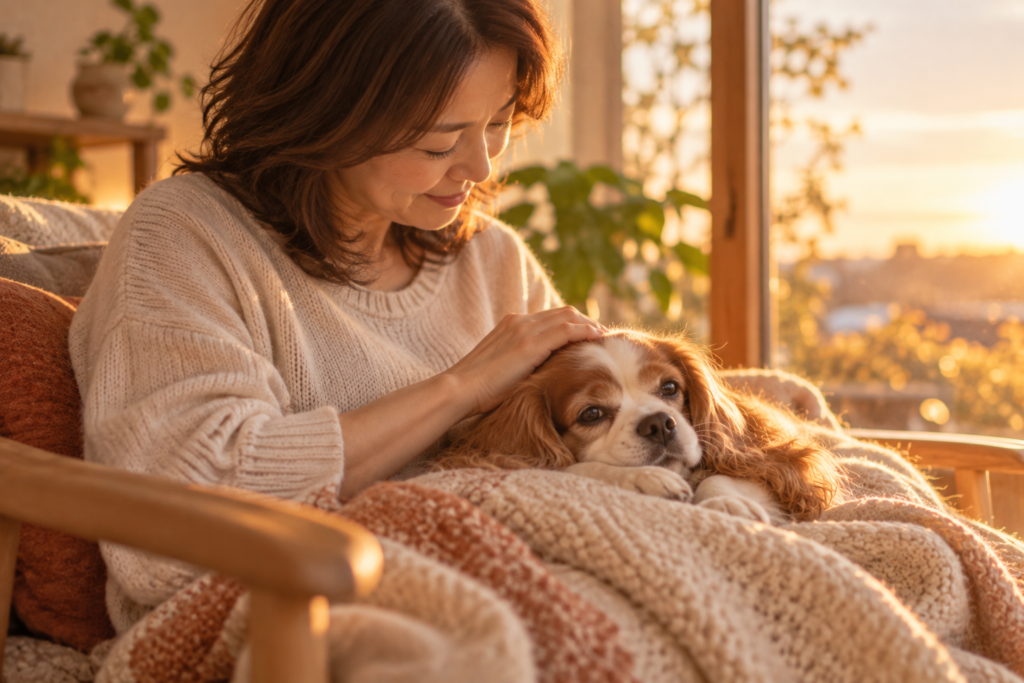 夕方の光の中、ひざの上でくつろぐシニアのキャバリアと飼い主