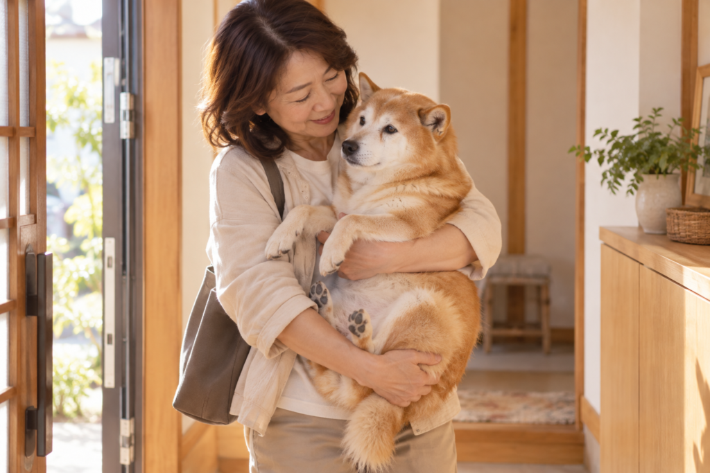 玄関で、犬の体全体を支えるようにして抱っこする飼い主
