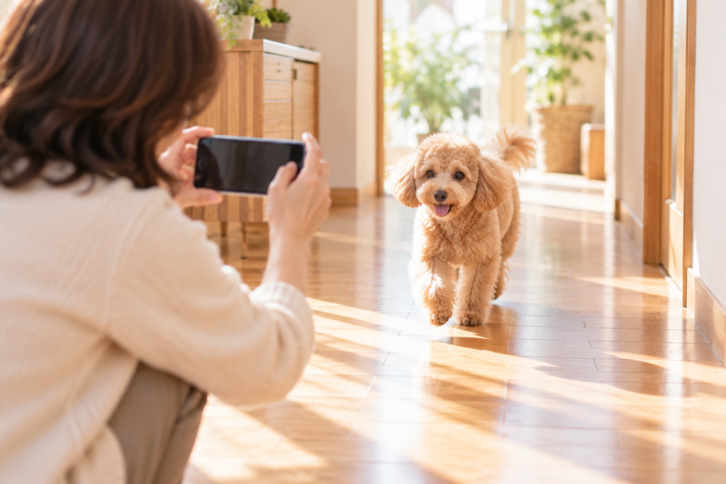 廊下を歩いてくるトイ・プードルを、スマートフォンで撮影する飼い主