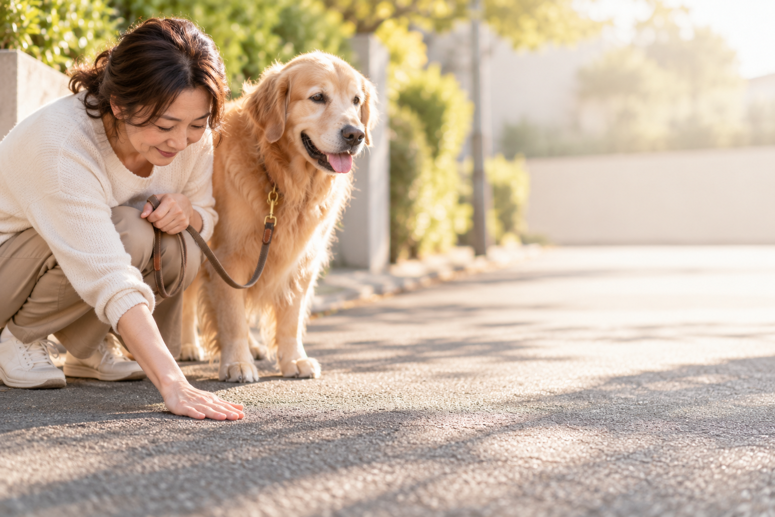 散歩前に手の甲でアスファルトの温度を確かめる飼い主とゴールデンレトリバー