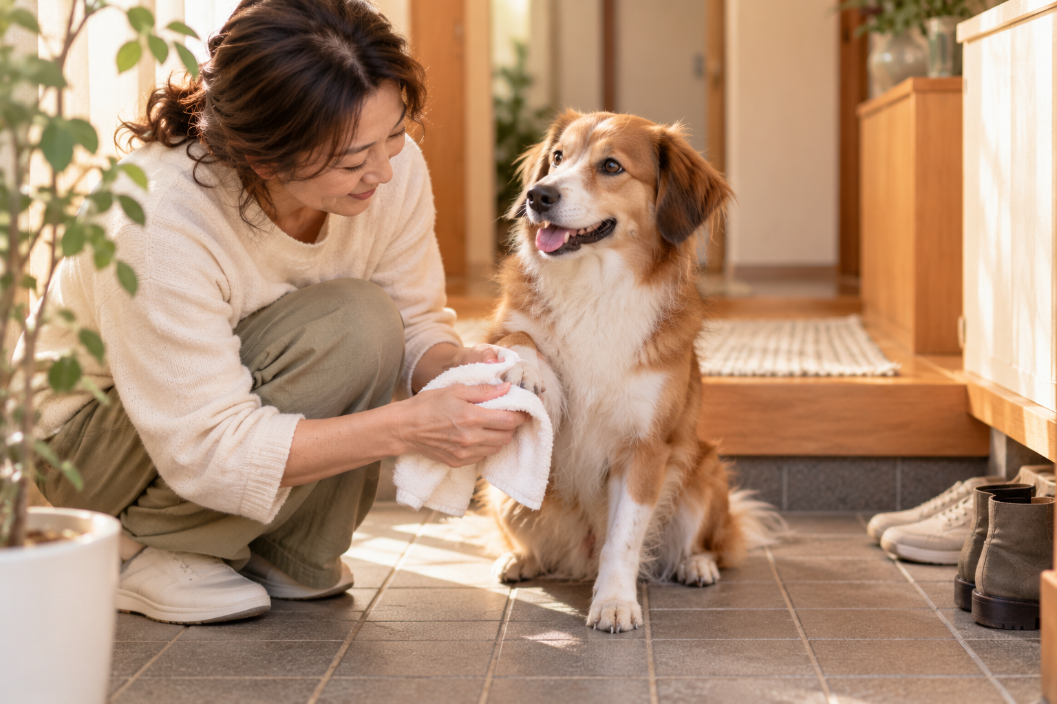 散歩のあと玄関でタオルを使って愛犬の足を拭く飼い主