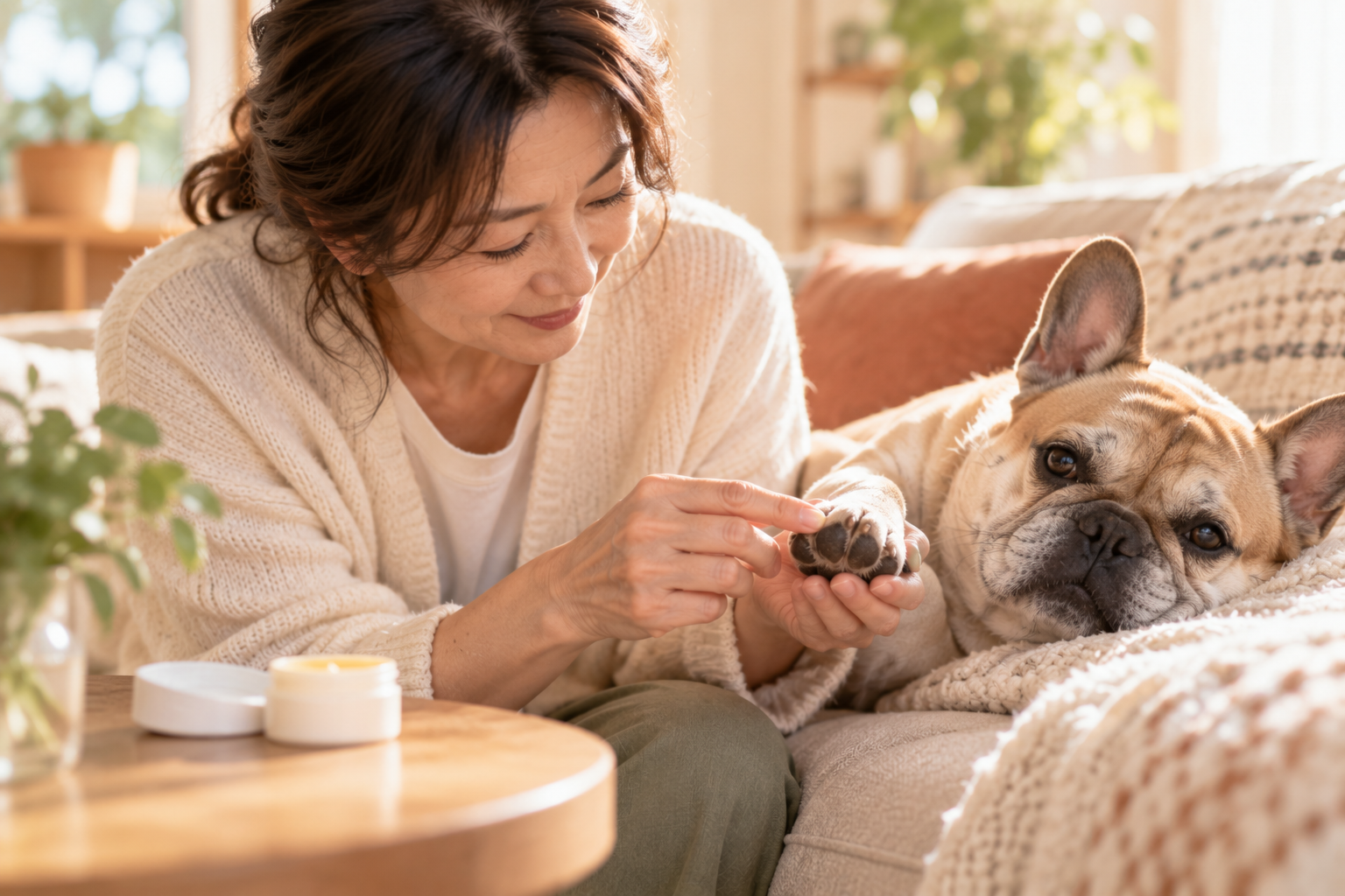 ソファでくつろぐフレンチブルドッグの肉球に少量のバームを塗る飼い主