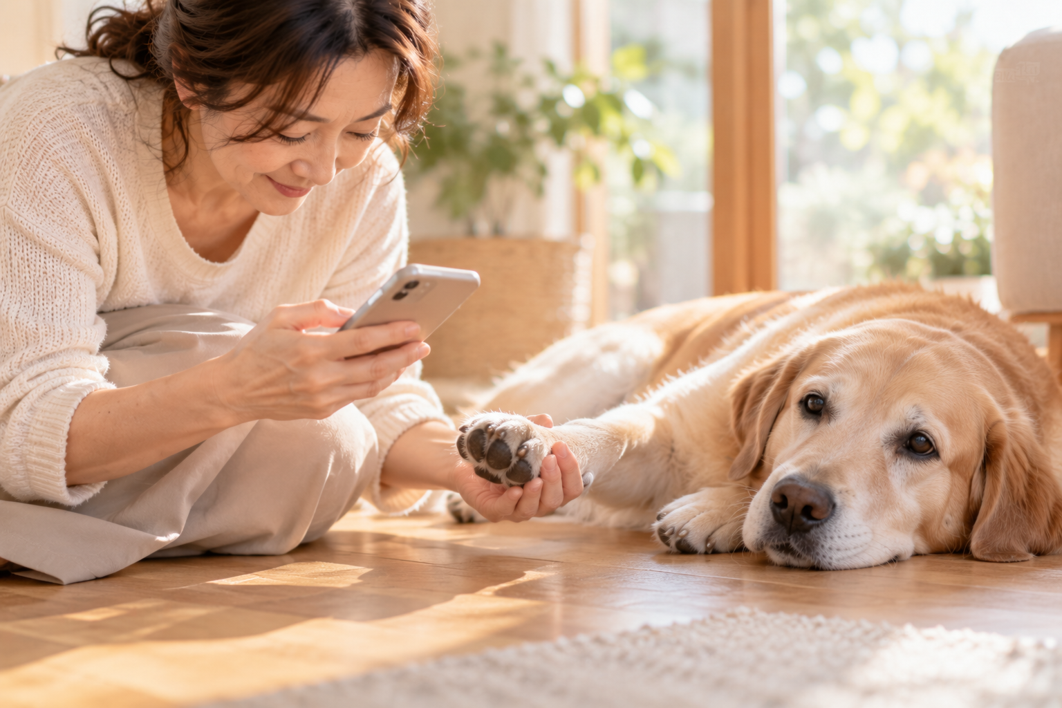 くつろぐ愛犬の足をスマートフォンで撮影する飼い主