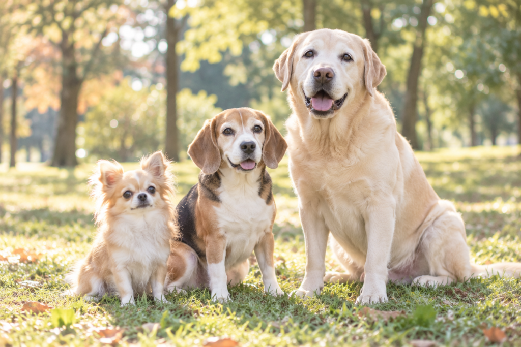 公園の芝生に並んで座る、小型・中型・大型の3頭の犬(チワワ・ビーグル・ラブラドール)