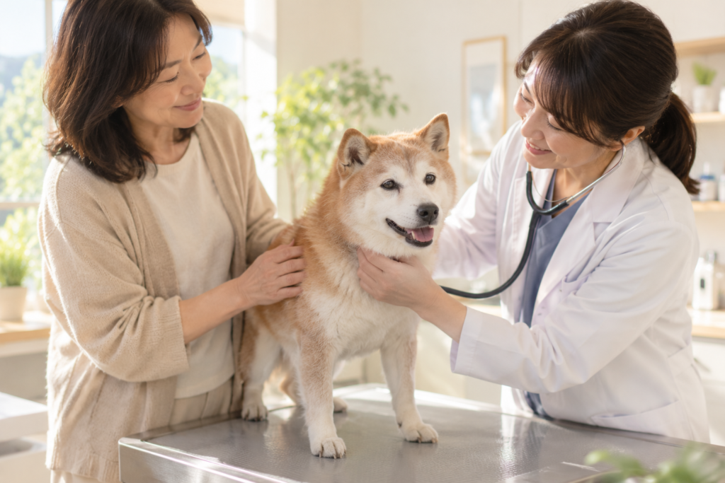 動物病院で獣医師の診察を受けるシニアの柴犬と飼い主