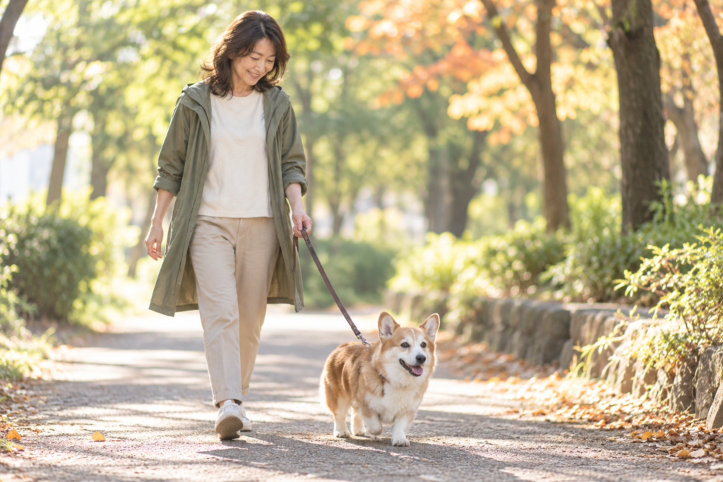 朝の並木道を飼い主とゆっくり歩くシニアのコーギー