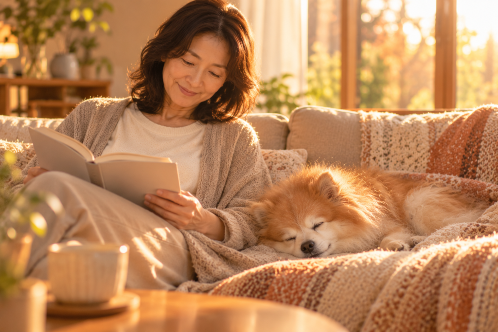 読書する飼い主のそばで、夕方の光の中昼寝するシニアのポメラニアン
