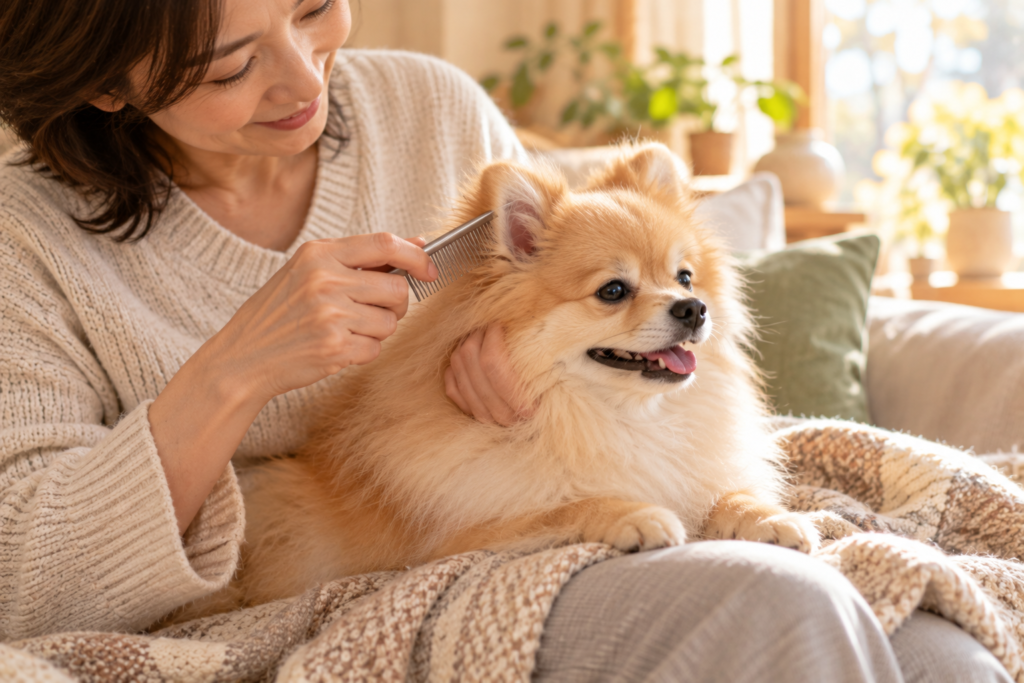 ひざの上のポメラニアンの耳の後ろを、コームでやさしくとかす飼い主