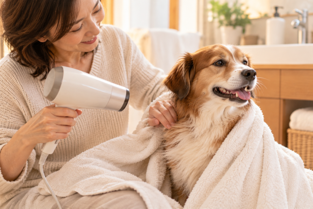 シャンプー後、タオルにくるんだ犬をドライヤーで乾かす飼い主