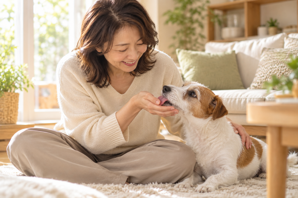 飼い主の手をうれしそうに舐めるジャック・ラッセル・テリア