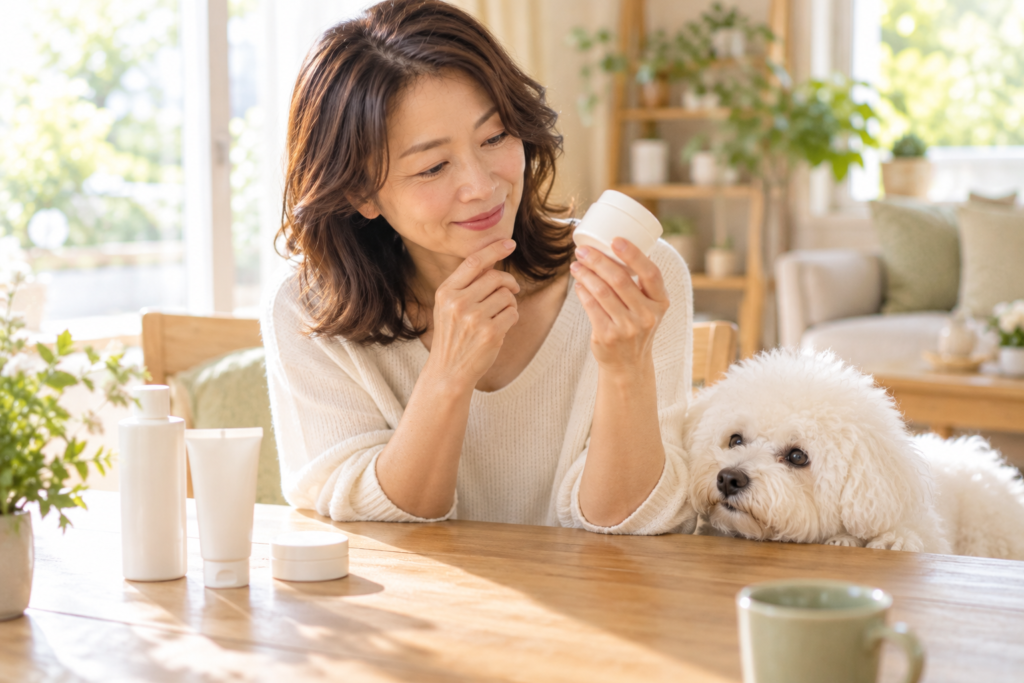 無地のクリーム容器の裏を読む飼い主と、そばでくつろぐビション・フリーゼ