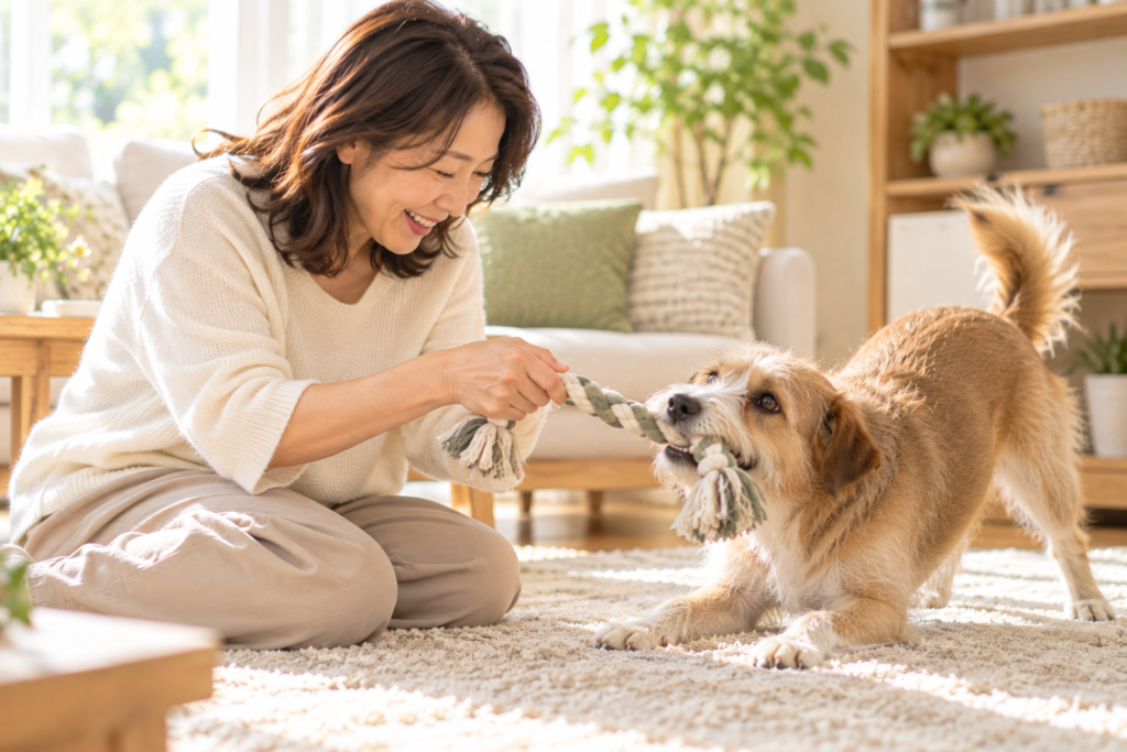 ロープのおもちゃで遊ぶミックス犬と飼い主