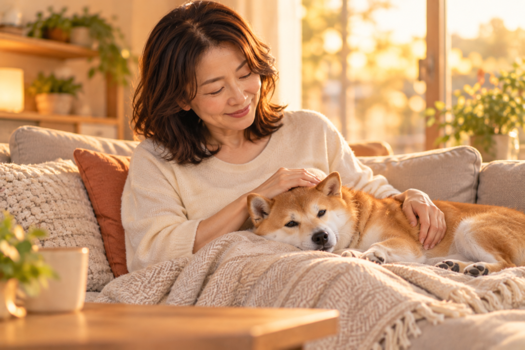 夕方の光の中、ひざの上でくつろぐ柴犬と飼い主